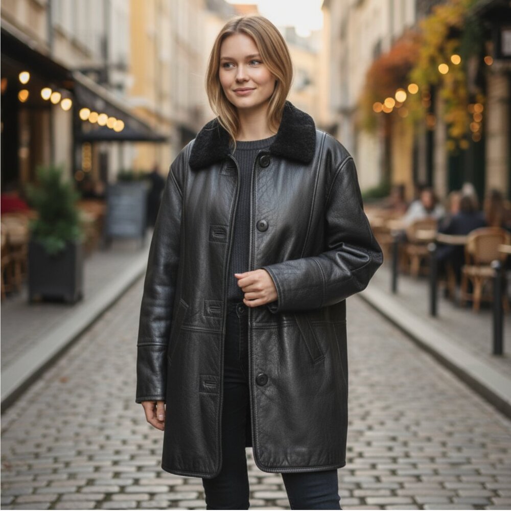 Black Shearling Overcoat Womens XL Cozy Winter Coat Luxe Long Jacket